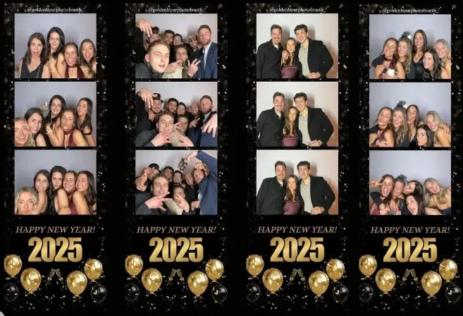 Group of friends celebrating New Year’s Eve with Golden Hour Photo Booth, holding props and wearing party hats.